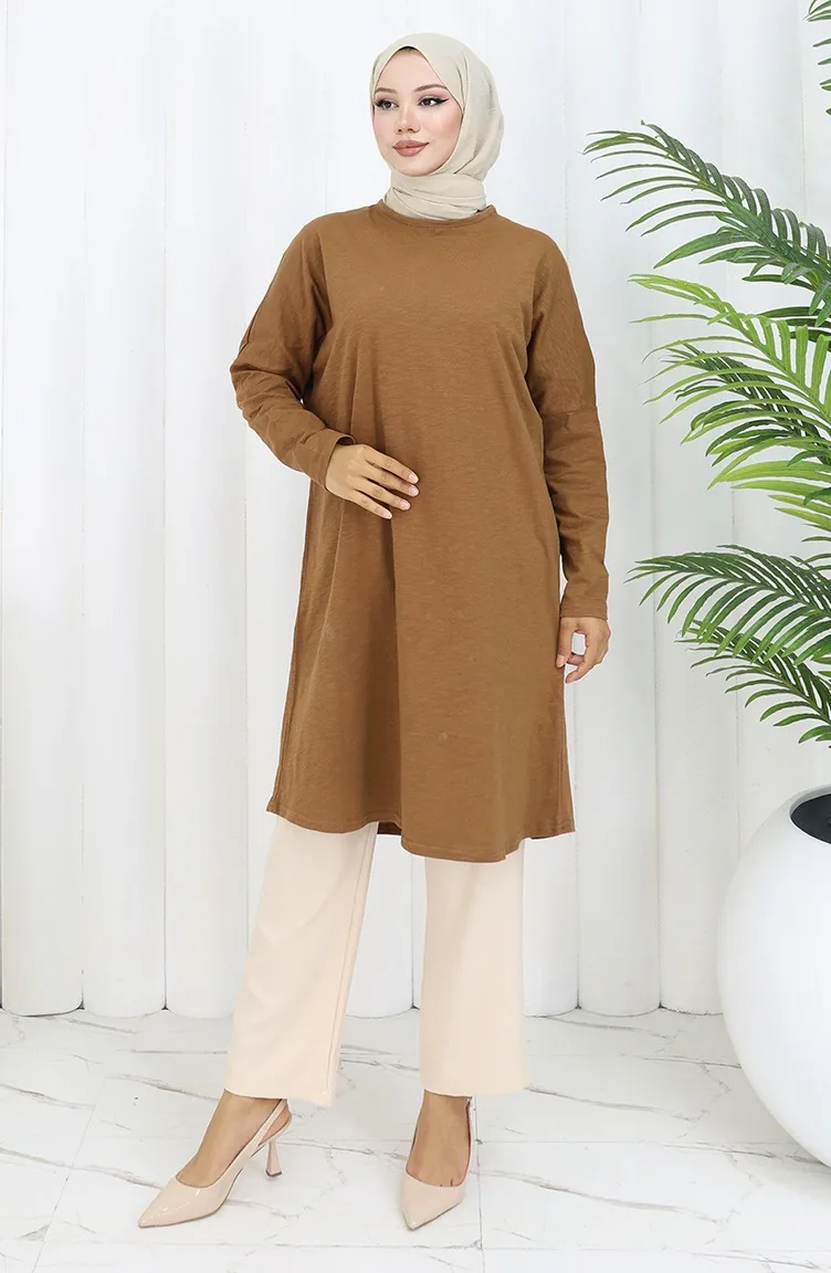 تونيك قطني سادة بقصّة مريحة 8757-06 لون قهوة حليبية 8757-06