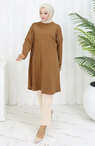 تونيك قطني سادة بقصّة مريحة 8757-06 لون قهوة حليبية 8757-06
