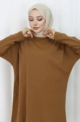 تونيك قطني سادة بقصّة مريحة 8757-06 لون قهوة حليبية 8757-06