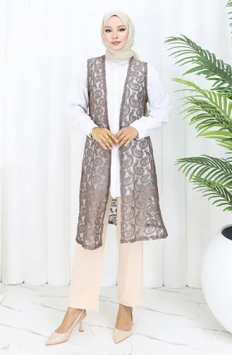 Şal Desen Dantelli Dar Kesim Uzun Yelek 8759-01 Sütlü kahve 8759-01