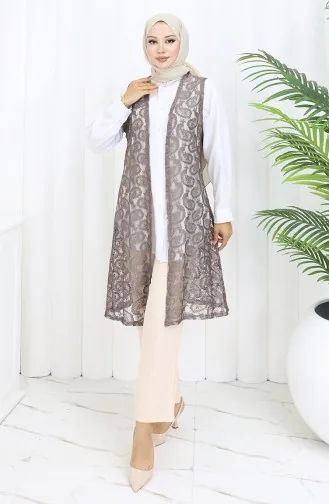 Şal Desen Dantelli Dar Kesim Uzun Yelek 8759-01 Sütlü kahve 8759-01