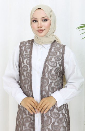 Şal Desen Dantelli Uzun Yelek 8759-01 Sütlü kahve