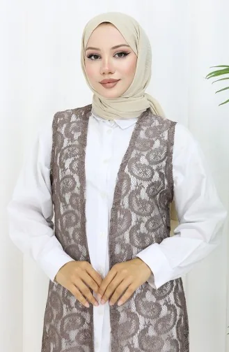 Şal Desen Dantelli Dar Kesim Uzun Yelek 8759-01 Sütlü kahve 8759-01