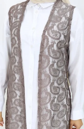 Şal Desen Dantelli Dar Kesim Uzun Yelek 8759-01 Sütlü kahve 8759-01