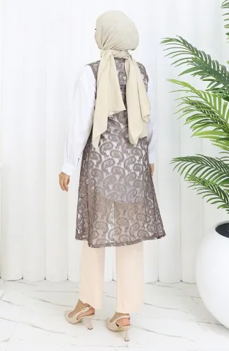 Şal Desen Dantelli Dar Kesim Uzun Yelek 8759-01 Sütlü kahve 8759-01