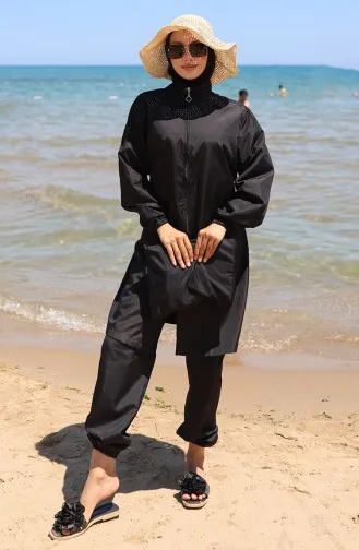 Garnished Zippered Modest Swimsuit 6565-01 Black 6565-01