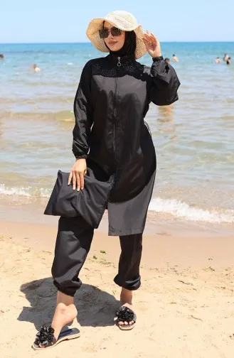 Garnished Zippered Modest Swimsuit 6565-01 Black 6565-01