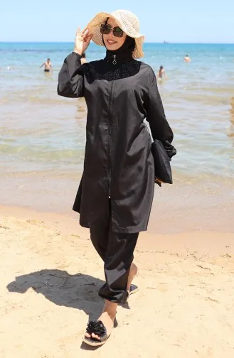 Garnished Zippered Modest Swimsuit 6565-01 Black 6565-01