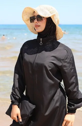 Garnished Zippered Modest Swimsuit 6565-01 Black 6565-01