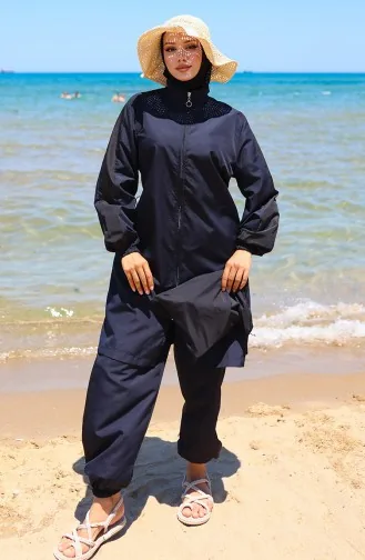 Maillot De Bain Hijab à Fermeture éclair Ornée 6565-02 Bleu Marine 6565-02