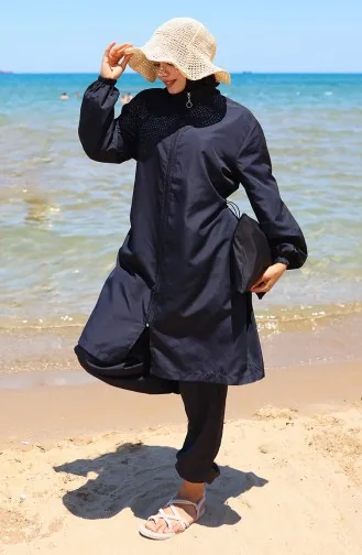 Maillot De Bain Hijab à Fermeture éclair Ornée 6565-02 Bleu Marine 6565-02