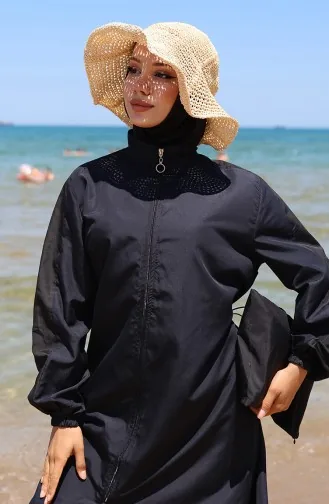 Maillot De Bain Hijab à Fermeture éclair Ornée 6565-02 Bleu Marine 6565-02