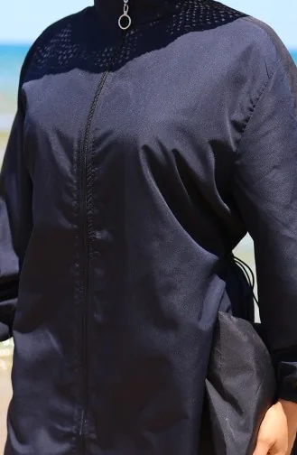 Maillot De Bain Hijab à Fermeture éclair Ornée 6565-02 Bleu Marine 6565-02