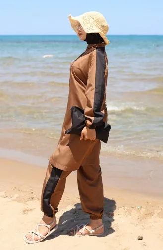 ملابس سباحة محتشمة مزينة بسحّاب 6565-03 بني 6565-03