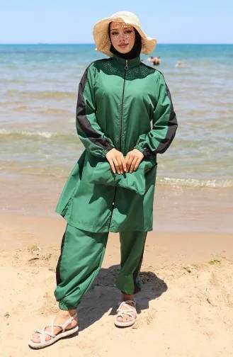 Garnished Zippered Modest Swimsuit 6565-04 Emerald Green 6565-04