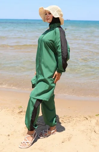 Garnished Zippered Modest Swimsuit 6565-04 Emerald Green 6565-04