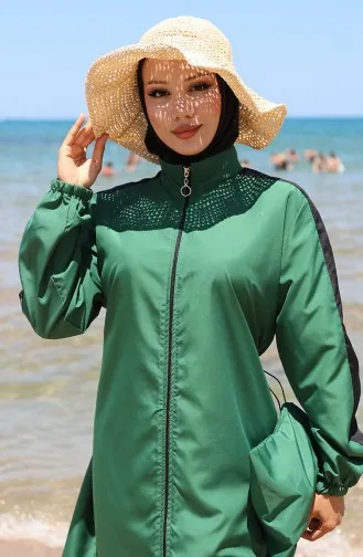 Garnished Zippered Modest Swimsuit 6565-04 Emerald Green 6565-04