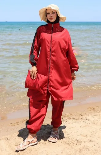 Maillot De Bain Modeste à Fermeture éclair Garni 6565-05 Rouge Bordeaux 6565-05