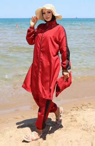 Maillot De Bain Modeste à Fermeture éclair Garni 6565-05 Rouge Bordeaux 6565-05