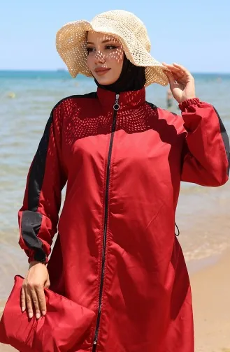 Maillot De Bain Modeste à Fermeture éclair Garni 6565-05 Rouge Bordeaux 6565-05