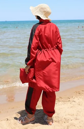 Maillot De Bain Modeste à Fermeture éclair Garni 6565-05 Rouge Bordeaux 6565-05