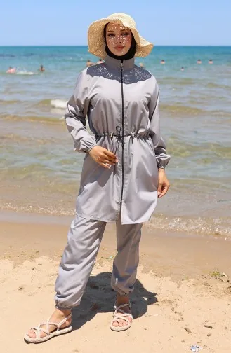 Sahil Beli Lastikli Fermuarlı Tesettür Mayo Çanta Hediyeli 9002-01 Gri