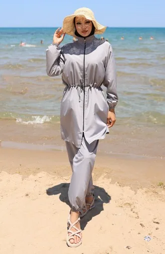 Sahil Beli Lastikli Fermuarlı Tesettür Mayo Çanta Hediyeli 9002-01 Gri