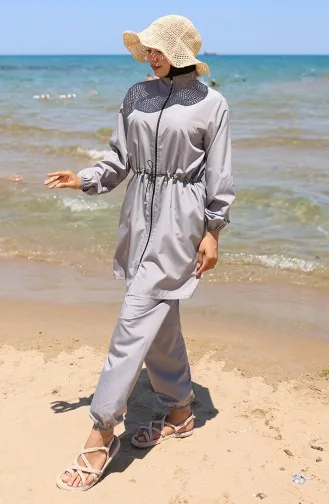 Sahil Beli Lastikli Fermuarlı Tesettür Mayo Çanta Hediyeli 9002-01 Gri