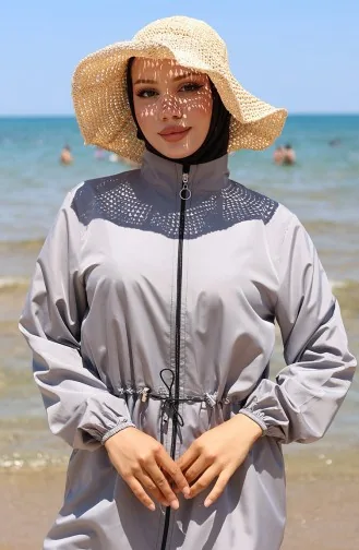 Sahil Beli Lastikli Fermuarlı Tesettür Mayo Çanta Hediyeli 9002-01 Gri