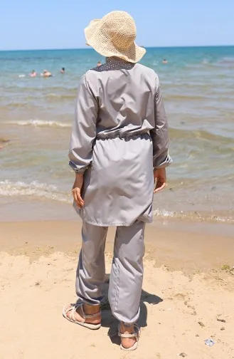 Sahil Beli Lastikli Fermuarlı Tesettür Mayo Çanta Hediyeli 9002-01 Gri