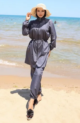 Strand Hijab Badeanzug Mit Elastischer Taille Und Reißverschluss Und Geschenktasche 9002-03 Anthrazit 9002-03