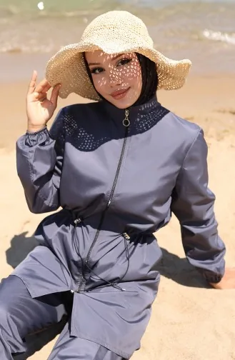 Strand Hijab Badeanzug Mit Elastischer Taille Und Reißverschluss Und Geschenktasche 9002-03 Anthrazit 9002-03