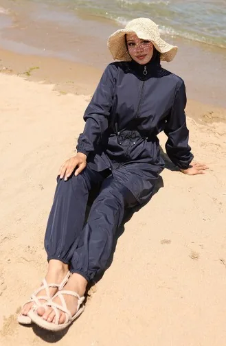 Sahil Beli Lastikli Fermuarlı Tesettür Mayo Çanta Hediyeli 9002-04 Lacivert