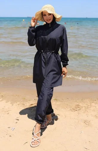 Sahil Beli Lastikli Fermuarlı Tesettür Mayo Çanta Hediyeli 9002-04 Lacivert