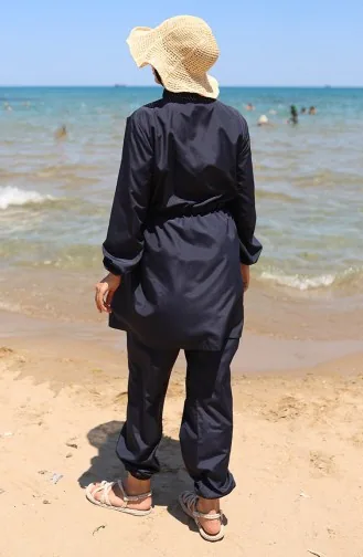 Sahil Beli Lastikli Fermuarlı Tesettür Mayo Çanta Hediyeli 9002-04 Lacivert