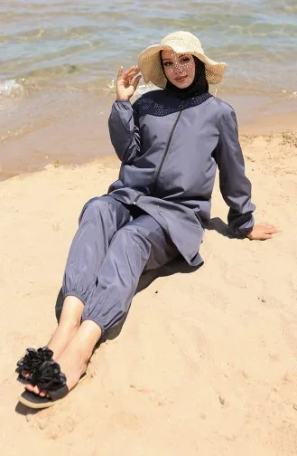 Kumsal Fermuarlı Tesettür Mayo Bone Hediyeli 9003-01 Füme