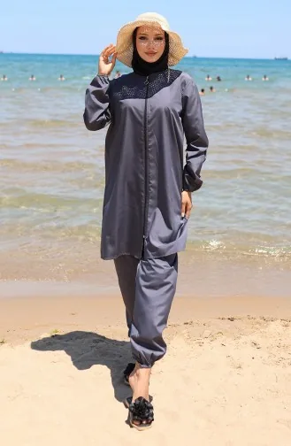 Kumsal Fermuarlı Tesettür Mayo Bone Hediyeli 9003-01 Füme