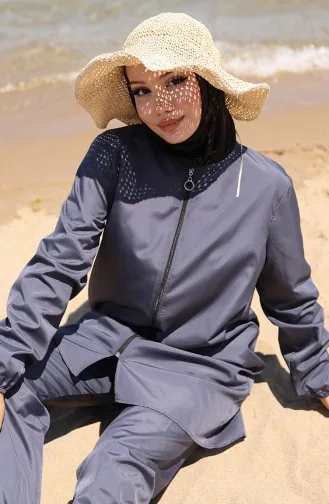 Kumsal Fermuarlı Tesettür Mayo Bone Hediyeli 9003-01 Füme