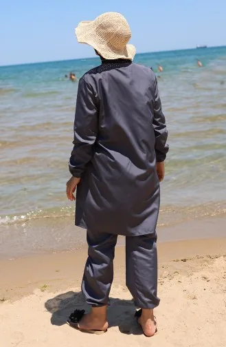 Kumsal Fermuarlı Tesettür Mayo Bone Hediyeli 9003-01 Füme