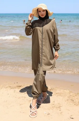 Strand-Badeanzug Mit Reißverschluss Und Hijab Inklusive Kostenloser Badekappe 9003-03 Khaki 9003-03