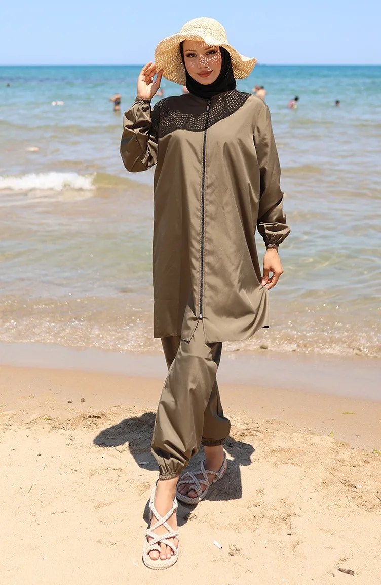 Strand-Badeanzug Mit Reißverschluss Und Hijab Inklusive Kostenloser Badekappe 9003-03 Khaki 9003-03