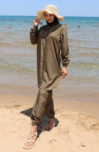 Strand-Badeanzug Mit Reißverschluss Und Hijab Inklusive Kostenloser Badekappe 9003-03 Khaki 9003-03