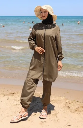Strand-Badeanzug Mit Reißverschluss Und Hijab Inklusive Kostenloser Badekappe 9003-03 Khaki 9003-03