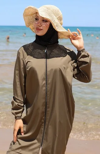 Strand-Badeanzug Mit Reißverschluss Und Hijab Inklusive Kostenloser Badekappe 9003-03 Khaki 9003-03