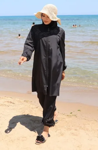 Kumsal Fermuarlı Tesettür Mayo Bone Hediyeli 9003-04 Siyah