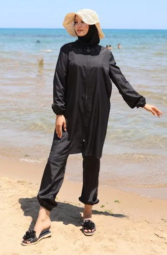 Kumsal Fermuarlı Tesettür Mayo Bone Hediyeli 9003-04 Siyah