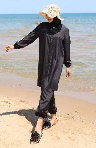 Kumsal Fermuarlı Tesettür Mayo Bone Hediyeli 9003-04 Siyah