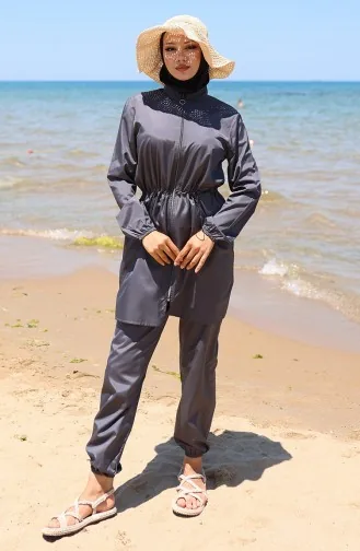 Marin Beli Lastikli Fermuarlı Tesettür Mayo Bone Hediyeli 9004-01 Antrasit