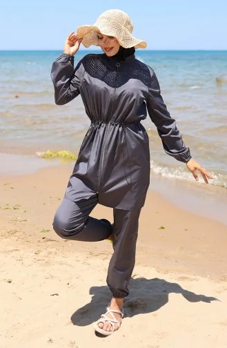 Marin Beli Lastikli Fermuarlı Tesettür Mayo Bone Hediyeli 9004-01 Antrasit