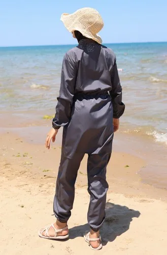 Marin Beli Lastikli Fermuarlı Tesettür Mayo Bone Hediyeli 9004-01 Antrasit